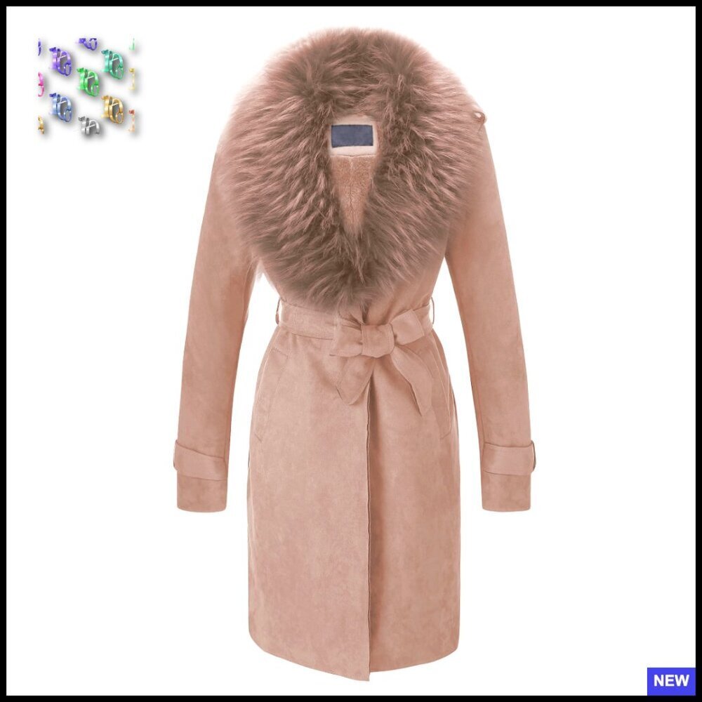 Faux Leather Trench Coat Fleece Lined Mid-Length Jacket Detachable Fur Collar